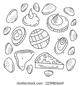 bakery bread and cake doodle art set bundle for food and drink resources with line style 