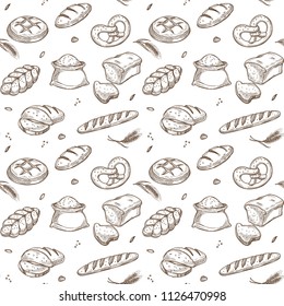 Bakery bread and cereals vector sketch pattern