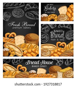 Brotkreidebanner für Bäckereien. Weizenvienna und Roggen Pullman Brot, Laib, Herausforderah und Baguette, Croissant, Knochen und Kuchen, handgezeichnet Brezel. Kreideplakate für Bakehouse oder Bakeshop