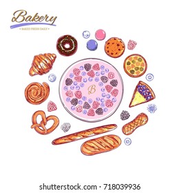 Bakery and bread collection. Different types of pastries and cakes with fruits and berries. Cherry christmas pie