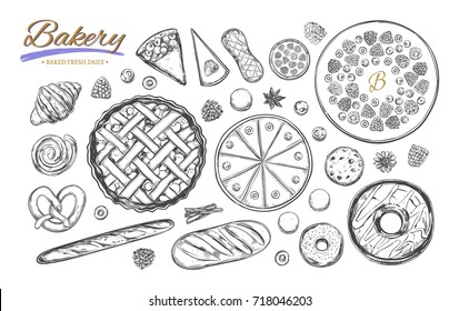 Bakery and bread collection. Different types of pastries and cakes with fruits and berries. Cherry christmas pie