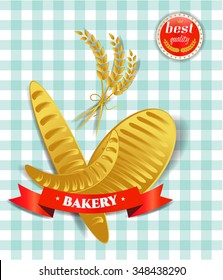 Bakery - bread, croissant, baguette, wheat with red ribbon, label with text Best Quality and twig, situated on checked background