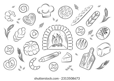 Bakery, bread, croissant, bun, pie, wood-burning oven. A large vector set of doodle icons on white background.