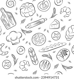 Bakery, bread, croissant, bun, pie, rolling pin, chef hat. Vector seamless pattern on white background. 