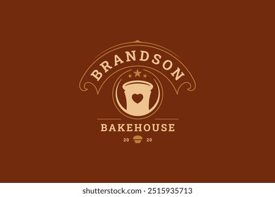 Bäckerei Brot lecker mit Herz Retro-Logo-Design-Vorlage Vektor flache Illustration. Bakehouse Shop Café mit traditionellem gebackenem appetitanregendem Gebäck Lebensmittelprodukt logotype mit Band