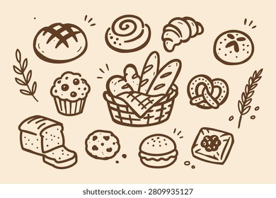 Bakery Bread Doodle Set Hand Drawn Vector Illustration Featuring Artisan Loaf, Baguette, Croissant, Bread Basket, Cinnamon Roll, Pretzel, Muffin, Cookies and Fresh Baked Pastry Collection