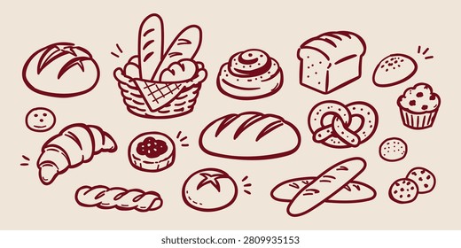 Bakery Bread Doodle Set Hand Drawn Vector Illustration Featuring Artisan Loaf, Baguette, Croissant, Bread Basket, Cinnamon Roll, Pretzel, Muffin, Cookies and Fresh Baked Pastry Collection