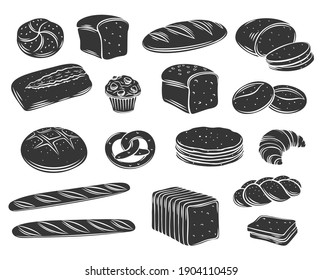 Bakery bread glyph vector of rye, whole grain and wheat bread, pretzel, muffin, pita , ciabatta, croissant, bagel, toast bread, french baguette for design menu bakery.