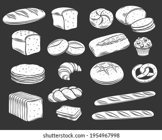 Bäckerei Brot glyph weiß auf schwarzer Vektorgrafik von Roggen, Vollkorn und Weizenbrot, Brezel, Muffin, Pita, ciabatta, Croissant, Bagel, Toastbrot, französisches Baguette für Design-Menü-Bäckerei.