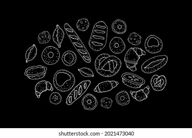 Bakery bread hand drawing chalkboard set. Buns baguette croissant cookies donuts vintage blackboard line vector illustration. Cafe restaurant menu poster