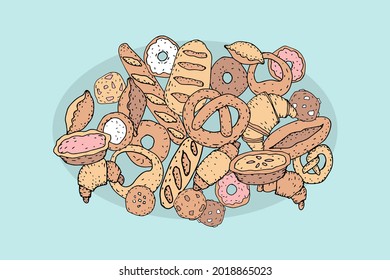 Bakery bread hand drawing set. Buns baguette croissant cookies donuts vintage sketch line vector illustration. Cafe restaurant menu poster