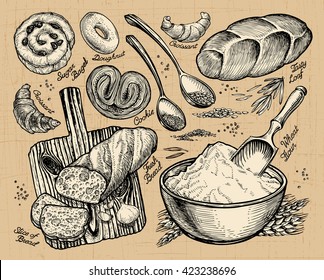 bakery, bread. hand drawn sketches of food. vector illustration