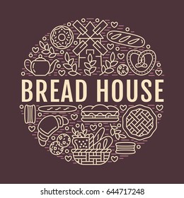 Bakery, bread house poster template. Vector food line icons, illustration of sweets, pretzel croissant, muffin, pastry, cupcake pie, mill. Confectionery products dark banner with place for text.