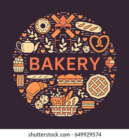 Bakery, bread house poster template. Vector food glyph icons, illustration of sweets, pretzel croissant, muffin, pastry, cupcake pie, mill. Confectionery products banner with place for text.