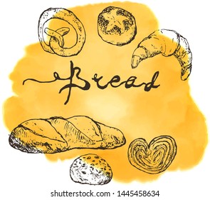 Bäckerei oder Brotskizze-Poster aus gebackenem Brot auf gelbem Aquarell. Vektorillustration-Design-Vorlage für Bäckerei mit frischem Weizenbrot oder Roggenbrot und Weizengebäck.