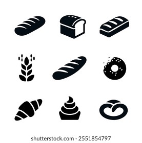 Bakery bread icon set. Pastry food bakery minimal icon design croissant donut cupcake illustration.