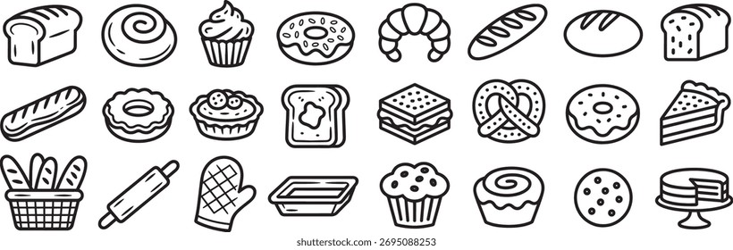 Bäckerei und Brotsymbole setzen Sammlung von linearen Symbolen für Café-Menü, Shop