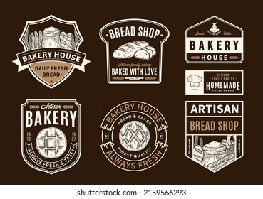 Bakery and bread logo, badges and icons isolated on a dark background