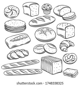 Bakery bread outline vector of rye, whole grain and wheat bread, pretzel, muffin, pita , ciabatta, croissant, bagel, toast bread, french baguette for design menu bakery.