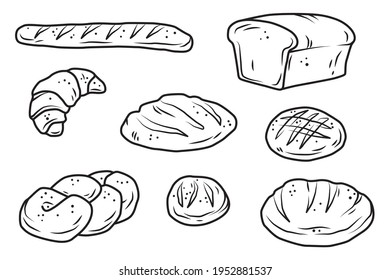 Bakery bread outline vector of rye, whole grain and wheat bread, pretzel, muffin, pita , ciabatta, croissant, bagel, toast bread, french baguette for design menu bakery.