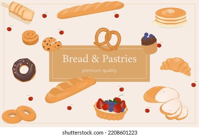 Bakery bread and pastries products banner, design with bread, baguette, pretzel, danish, donut, pancake, cookie, and cherry