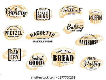 Bäckerei Brot und Konditorkuchen für Bäckerei. Weizenpullis, Croissant- und Muffindessert oder Brezel und Baguette für hochwertigen Bakeshop oder Patisserie