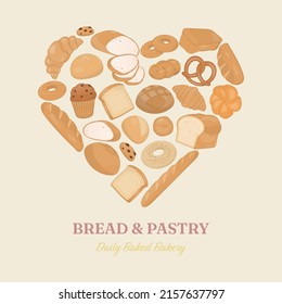 Bakery bread and pastry in heart shape, hand drawn style with text.