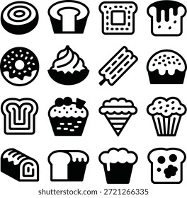 Conjunto de iconos de pan y pastelería de panadería. Contiene rosquillas, cupcakes, rebanadas de pan, tostadas, rollo suizo, bollos, hojaldre de crema, barra de helado y magdalenas.