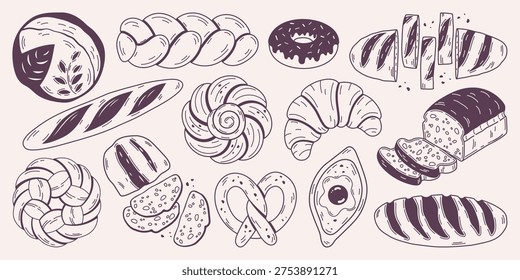 Bakery bread and pastry set hand drawn doodle vector illustration