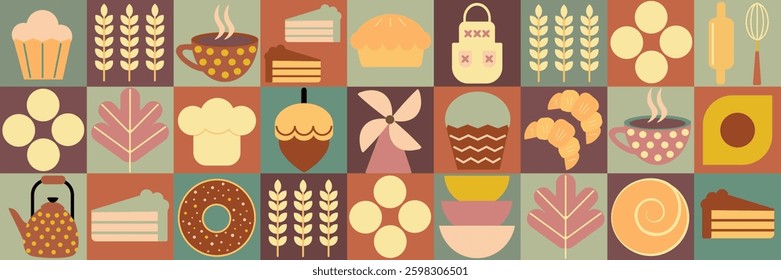 Bakery bread pattern. Abstract geometric pattern of Bauhaus. Pastries and dessert in trendy geometric style - seamless pattern with icons related to bakery, cafe, cupcakes and templates