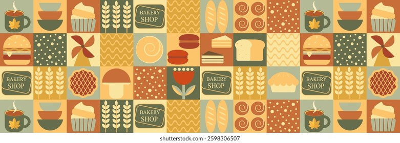 Bakery bread pattern. Abstract geometric pattern of Bauhaus. Pastries and dessert in trendy geometric style - seamless pattern with icons related to bakery, cafe, cupcakes and templates