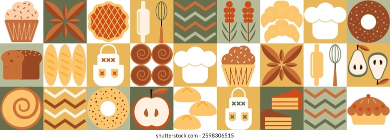 Bakery bread pattern. Abstract geometric pattern of Bauhaus. Pastries and dessert in trendy geometric style - seamless pattern with icons related to bakery, cafe, cupcakes and templates