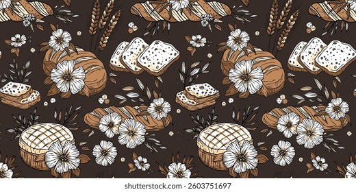 Bakery Bread Pattern Sketch Vintage Flower Loaf Background Doodle Patisserie Vector Wallpaper