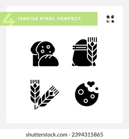 Bakery and bread pixel perfect black glyph icons set on white space. Fresh baked goods. Wheat products. Whole grain. Silhouette symbols. Solid pictogram pack. Vector isolated illustration