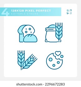 Bakery and bread pixel perfect blue RGB color icons set. Fresh baked goods. Wheat products. Whole grain. Isolated vector illustrations. Simple filled line drawings collection. Editable stroke