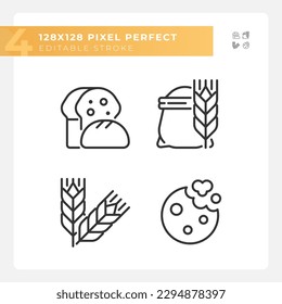 Bakery and bread pixel perfect linear icons set. Fresh baked goods. Wheat products. Whole grain. Customizable thin line symbols. Isolated vector outline illustrations. Editable stroke