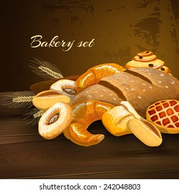 Bakery bread poster with wheat pastry pie donuts and wheat ears on wooden table vector illustration