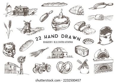 Bakery, bread production, hand drawn illustrations in vector, rural life and farm environment in engraving style, sketches collection