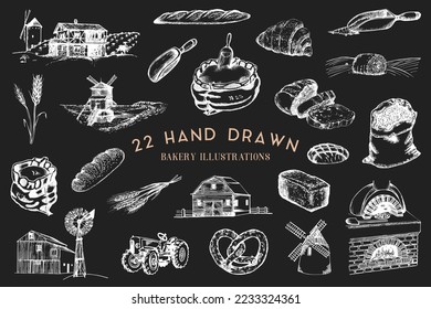 Bakery, bread production, hand drawn illustrations in vector, rural life and farm environment in engraving style, sketches collection