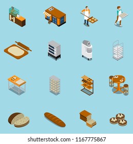 Bakery bread production isometric icons set of sixteen isolated images with human characters and ready products vector illustration