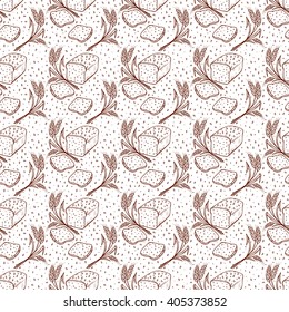 Bakery. Bread products. Rye bread. Hand drawn Doodle Bread with sesame seeds, bread slice and Wheat ears - Vector Seamless pattern