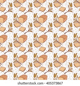 Bakery. Bread products. Rye bread. Hand drawn Doodle Bread with sesame seeds, bread slice and Wheat ears - Vector Seamless pattern