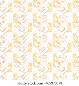 Bakery. Bread products. Rye bread. Hand drawn Doodle Bread with sesame seeds, bread slice and Wheat ears - Vector Seamless pattern