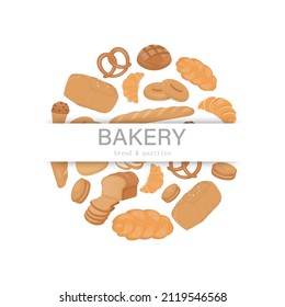 Bakery bread products with text BAKERY bread pastry on white banner.