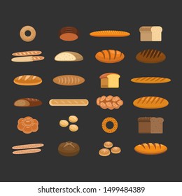 Bakery and bread products vector set with various sorts of bread, buns, cupcakes and dough for bakery shop or food design.