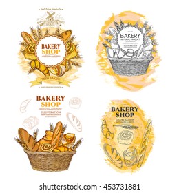 Bakery bread and rolls in wicker basket collection fresh pastries templates hand drawn vector  