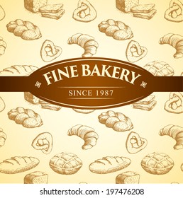 bakery bread.  seamless background pattern. labels pack for bread, baguette, loaf, cake, baked, croissant,bun