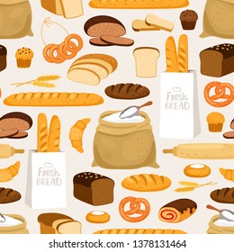 Bakery bread seamless pattern. Cartoon breads products and pastries, ears and flour bakeries on beige vector background