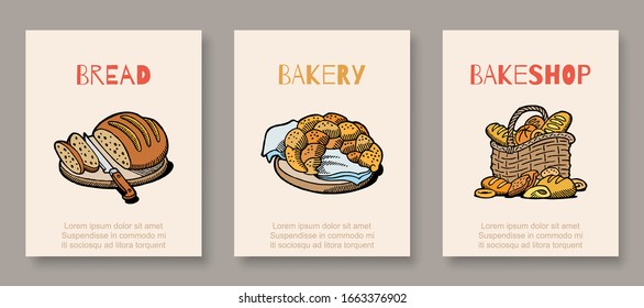 Panadería y panadería, panaderos con banderas, un dibujo vectorial, una casa de repostería con pastelería fresca. Carteles de productos horneados con tipografía.