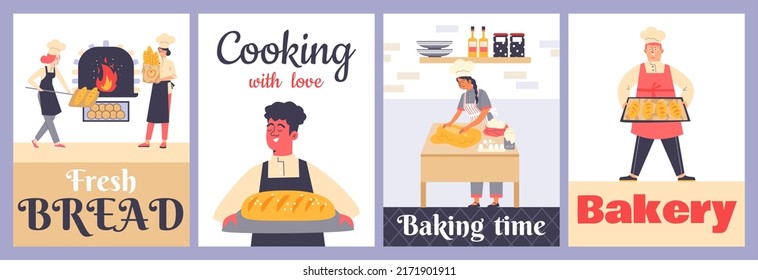 Bakery and bread shop banners collection with cartoon bakers, flat vector illustration. Advertising cards of bakery and homemade bread selling for web or print materials.